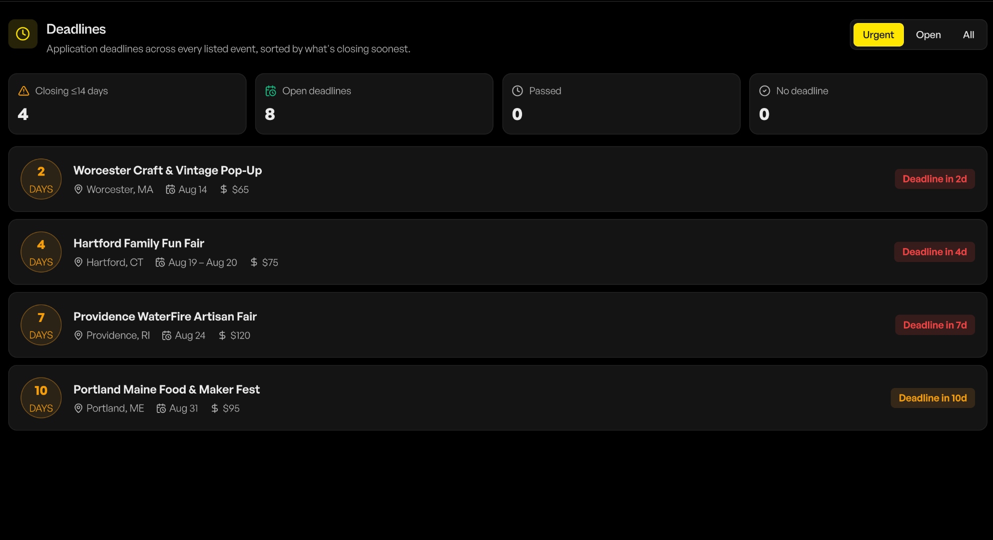 Vendor Buddy deadlines page tracking upcoming application windows