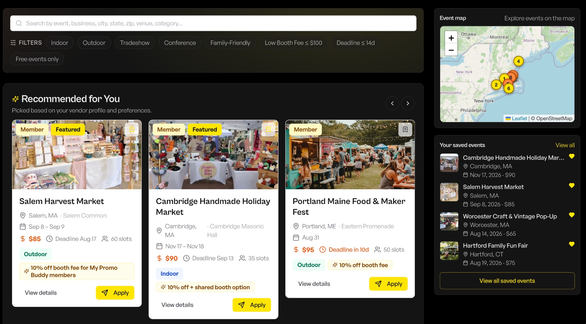 Vendor Buddy discover events page listing nearby markets with booth fees and dates
