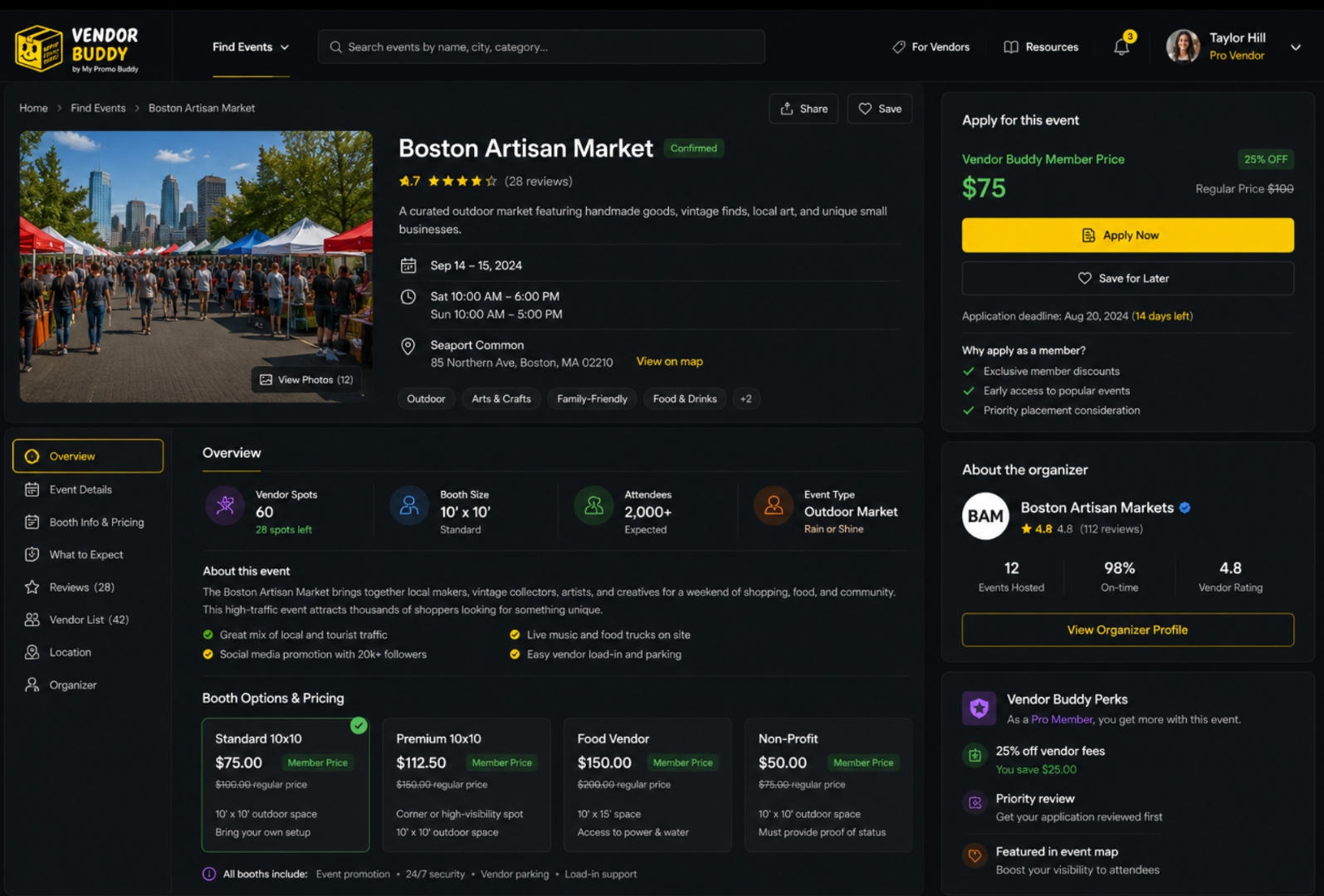 Vendor Buddy event details screen with save and apply actions