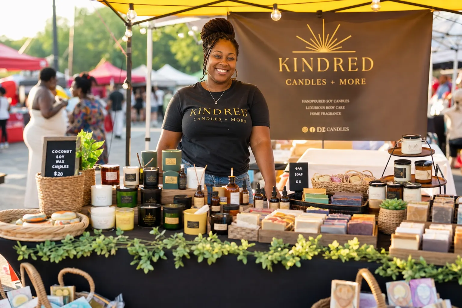 Vendor smiling at her candle booth at an outdoor maker market