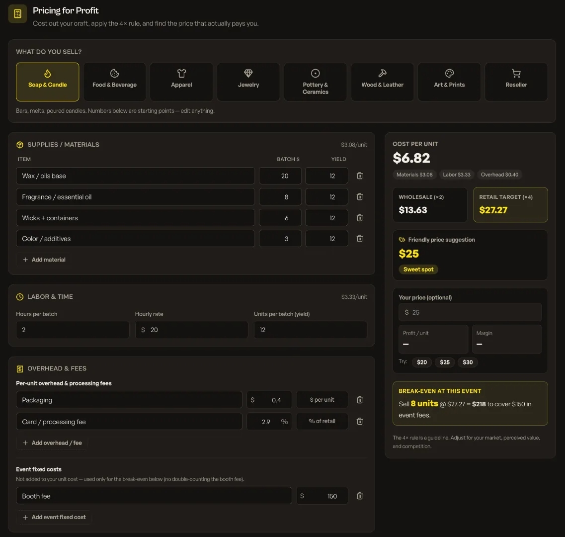 Pricing Calculator in the Vendor Buddy app
