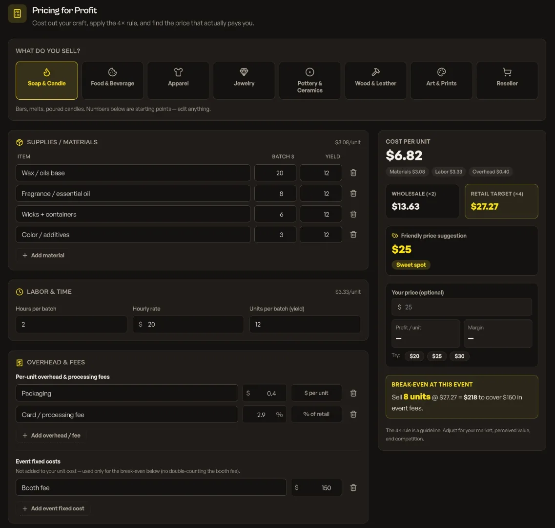 Vendor Buddy pricing-to-profit calculator showing supplies, labor, overhead inputs and cost per unit, wholesale, retail target, sweet spot, and break-even results